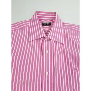 Hathaway Size 15.5 32 Men Pink White Stripe Spread Collar Embroidered Logo Shirt